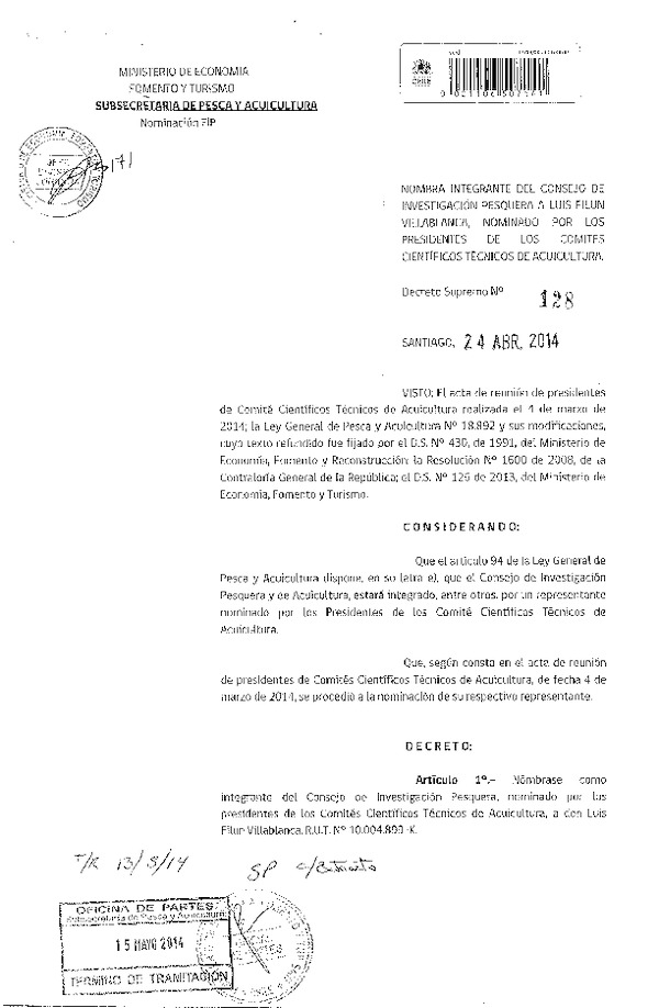 D.S. N° 128-2014 Nombra integrantes del Consejo de Investigación Pesquera, Nominado por los Presidentes de los Comtés Científicos Técnicos de Acuicultura. (F.D.O. 19-05-2014)