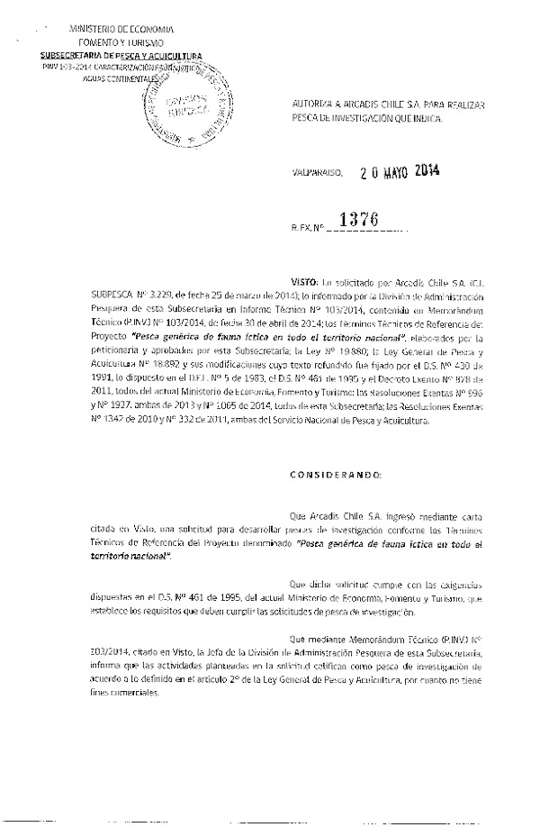 R EX N° 1376-2014 Pesca genérica de fauna íctica en todo el territorio nacional.