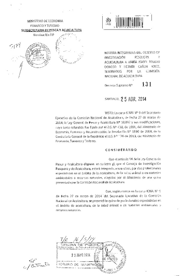 D.S. N° 131-2014 Nombra integrantes del Consejo de Investigación Pesquera, Nominados por la Comisión Nacional de Acuicultura. (Subida a Pag. Web 26-05-2014)