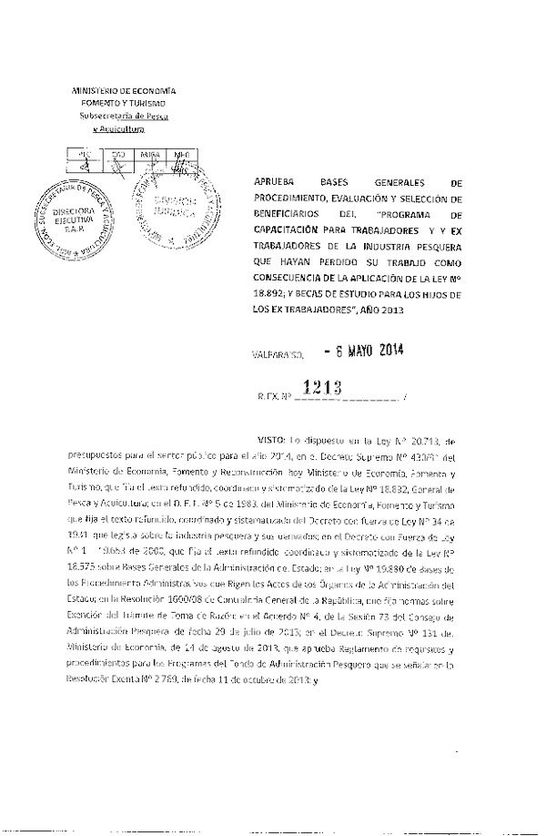 R EX N° 1213-2014 Aprueba bases generales de procedimiento, evalución y selección de beneficiarios del "Programa de capacitación para trabajadores y ex trabajadores de la undustria pesquera.