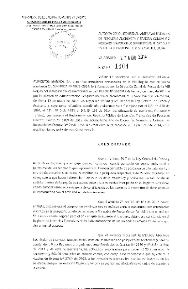 R EX Nº 1404-2014 Autoriza Cesión Recurso Anchoveta y Sardina común V-X a VIII Región.