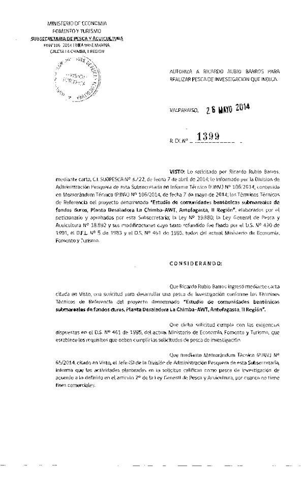 R EX N° 1399-2014 Estudio de comunidades bentónicas submareales de fondos duros.