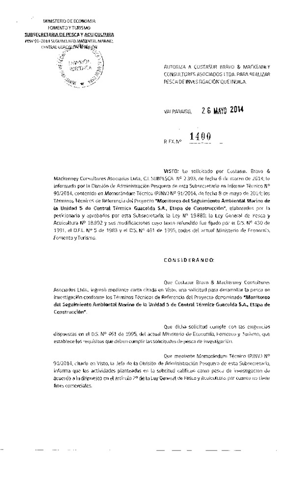 R EX N° 1400-2014 Monitoreo del seguimiento ambiental marino Unidad 5 de central térmica Guacolda S.A.