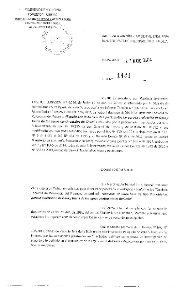 R EX N° 1431-2014 Estudio de línea base de tipo limnológico para evalución de flora y fauna de las aguas continentales de Chile.