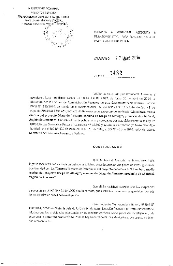 R EX N° 1432-2014 Línea base medio marino del proyecto Diego de Almagro, comuna de Diego de Almagro, Región de Atacama.