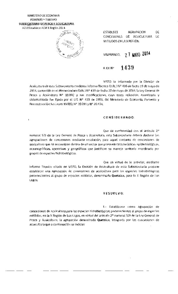 R EX N° 1439-2014 Establece Agrupación de Concesiones de Acuicultura de mitilidos en la X Región. (Subida a Pag. Web 28-05-2014)