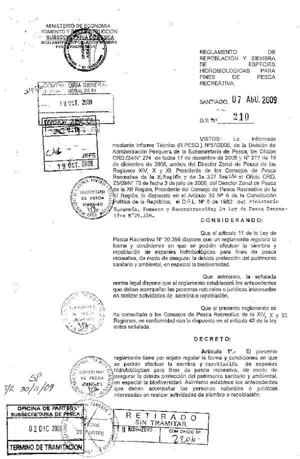 D.S. Nº 210-09 Reglamento de Repoblación y Siembra de Especies Hidrobiológicas para Fines de Pesca Recreativa. (F.D.O. 12-12-2009)