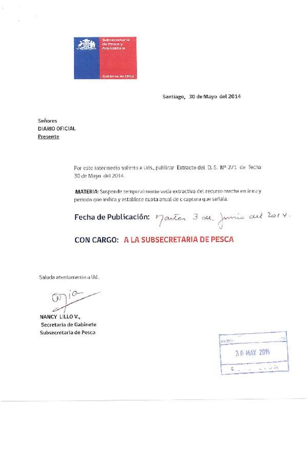 D EX Nº 271-2014 Suspende Temporalmente Veda Extractiva del recuros Macha, y Establece cuota de captura sector de Playa Cucao, X Región. (F.D.O. 03-06-2014)