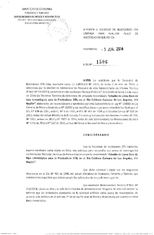 R EX N° 1506-2014 Línea base de tipo Limnológico para la Piscicultura STH, en el Río Caliboro comuna de Los Ángeles, VIII Región.