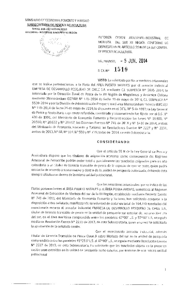 R EX N° 1510-2014 Autoriza Cesión Recurso Merluza del sur XII Región.