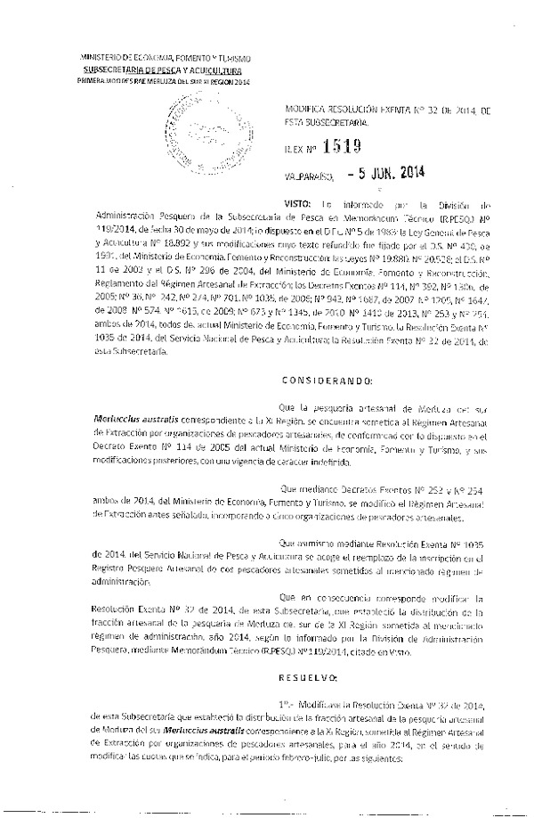 R EX Nº 1519-2014 Modifica R EX Nº 32-2014 Distribución de la fracción artesanal Merluza del sur XI Región. (Subida a Pag. Web 06-06-2014)