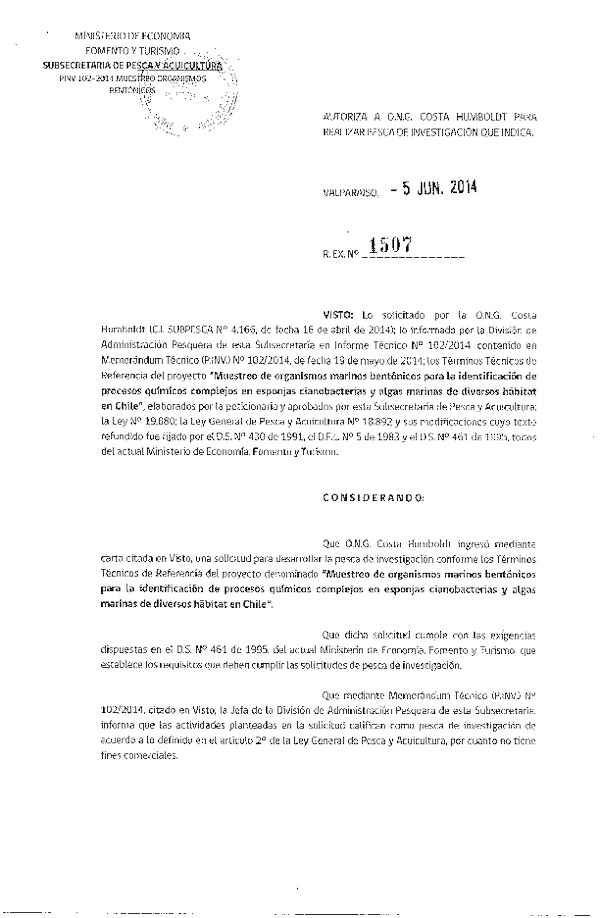 R EX N° 1507-2014 Muestreo de organismos marinos bentónicos.