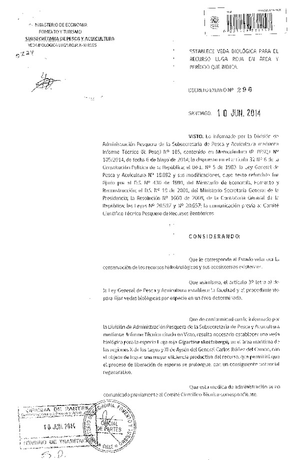 D EX N° 296-2014 Establece Veda Biológica para el recurso Luga Roja en la X y XI Región. (Subida a Pag. Web 12-06-2014)