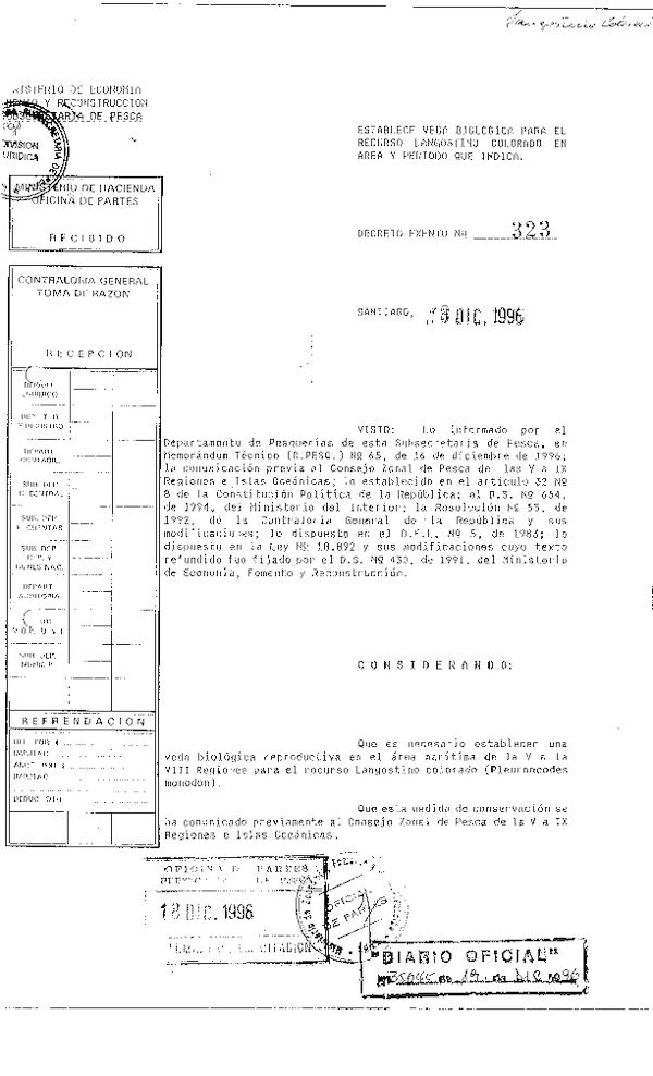 D.S. N° 323-1996 Veda Biológica recurso Langostino colorado, V-VIII Región.