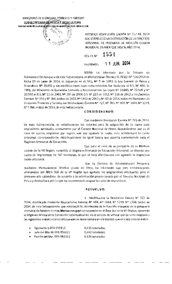 R EX N° 1554-2014 Modifica R EX Nº 727-2014 Distribución de la Fracción artesanal Pesquería de Merluza común Individual área VII Sur. (Subida a Pag. Web 13-06-2014)