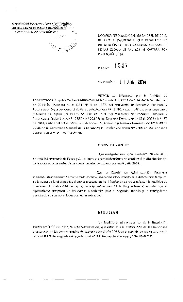 R EX N° 1547-2014 Modifica R EX Nº 3788-2013 Establece Distribución de las Fracciones Artesanales de las Cuotas Anuales de Captura por Región, Jurel Año 2014. (Subida a Pag. Web. 13-06-2014)