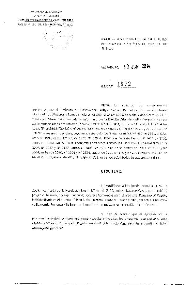 R EX N° 1572-2014 MODIFICA R EX N° 1257-08 PLAN DE MANEJO.