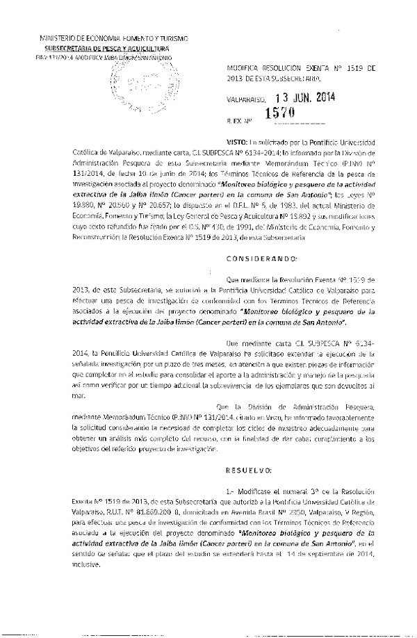 R EX N° 1570-2014 Modfica R EX N° 1519-2013 Monitoreo biológico y pesquero Jaiba limón, comuna de San Antonio.