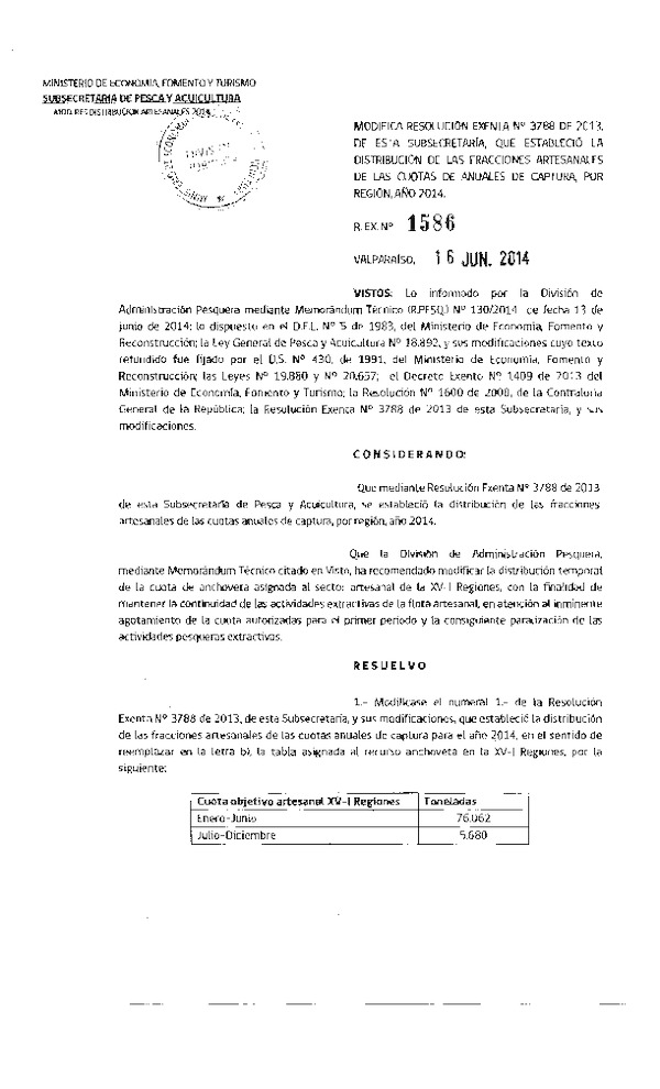 R EX N° 1586-2014 Modifica R EX Nº 3788-2013 Establece Distribución de las Fracciones Artesanales de las Cuotas Anuales de Captura por Región, Anchoveta Año 2014. (Subida a Pag. Web. 16-06-2014)