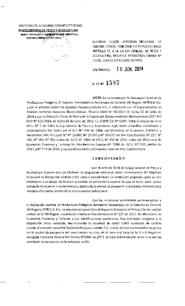 R EX N° 1587-2014 Autoriza Cesión Recurso Sardina común, VIII Región.