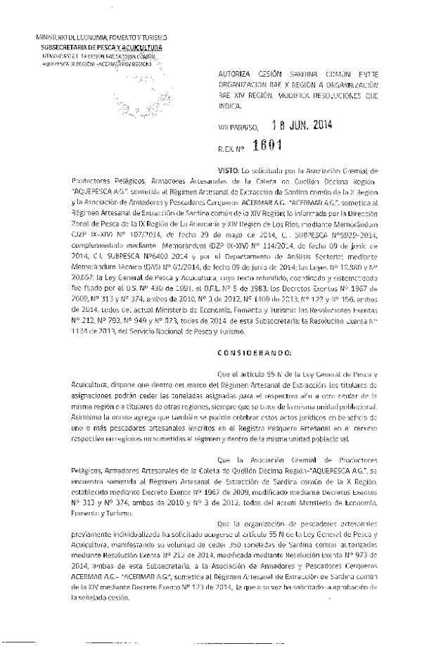 R EX N° 1601-2014 Autoriza Cesión Sardina común, X a XIV Región.