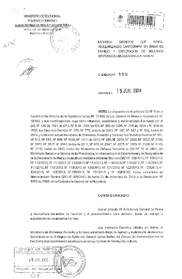 D EX N° 328-2014 Modifica Decretos de Áreas de Manejo N° 706-98, N° 610-99, N° 336-03, N° 775-03, N° 142-04, N° 143-04, N° 622-04, XI Región. (F.D.O. 24-06-2014)