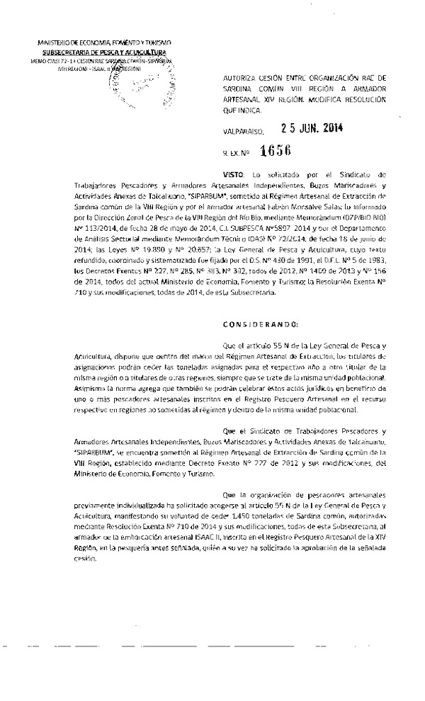 R EX N° 1656-2014 Autoriza Cesión Sardina común, VIII a XIV Región.