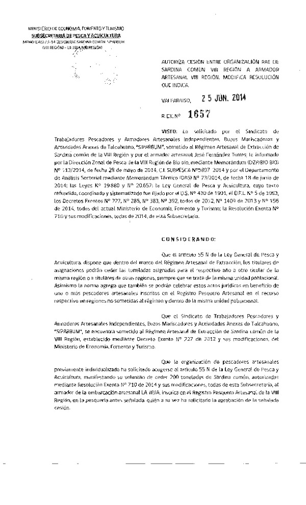 R EX N° 1657-2014 Autoriza Cesión Sardina común, VIII a VIII Región.