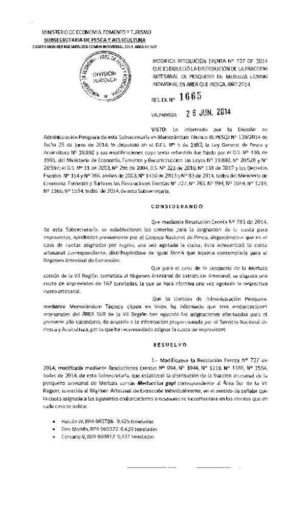 R EX N° 1665-2014 Modifica R EX Nº 727-2014 Distribución de la Fracción artesanal Pesquería de Merluza común Individual área VII Sur. (Subida a Pag. Web 27-06-2014)