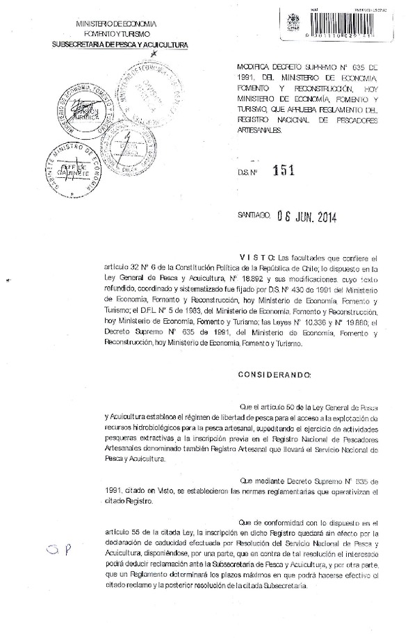 D.S. N° 151-2014 Modifica D.S. Nº 635-1991 Crear Registro Nacional de Pescadores Artesanales. (F.D.O. 30-06-2014)