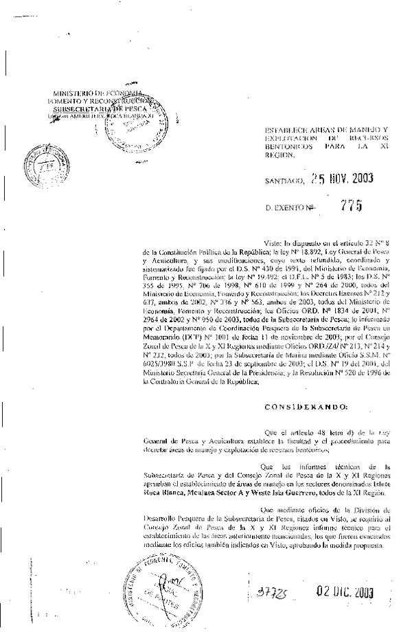 D EX N° 775-2003 Establece áreas de manejo Sectores Islote Roca Blanca, Meninea Sector A y Weste Isla Guerrero, XI Región.