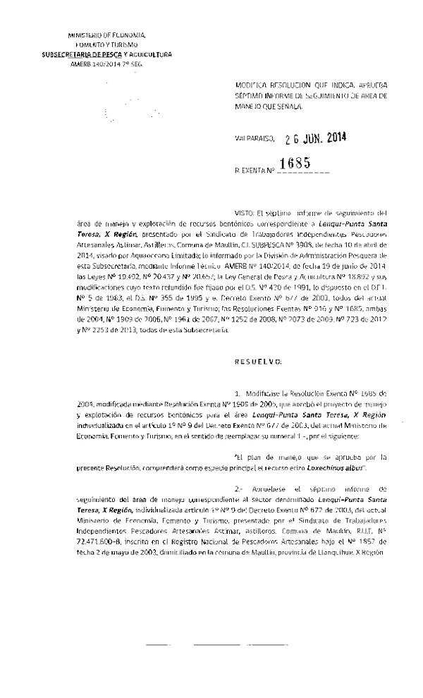 R EX N° 1685-2014 7° SEGUIMIENTO.