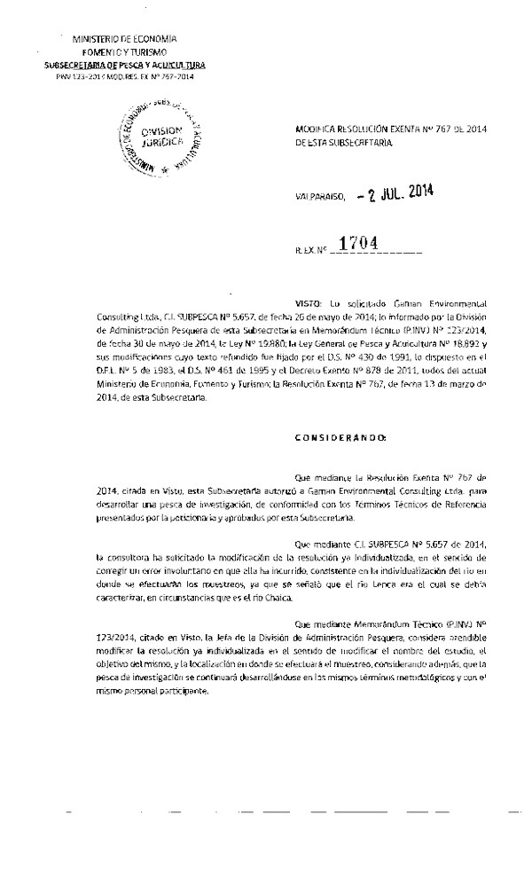 R EX N° 1704-2014 Modifica  EX N° 767-2014 Estudio Línea base de tipo limnológico del proyecto hidroeléctrico Chaica en el río Lenca, comuna de Puerto Montt, X Región.