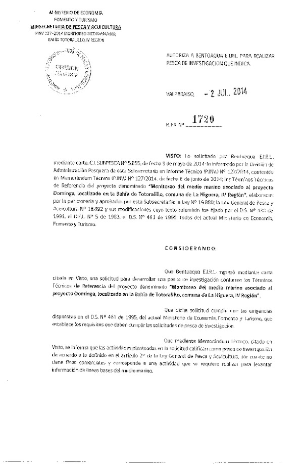 R EX N° 1720-2014 Monitoreo del medio marino asociado al proyecto Dominga. IV Región.