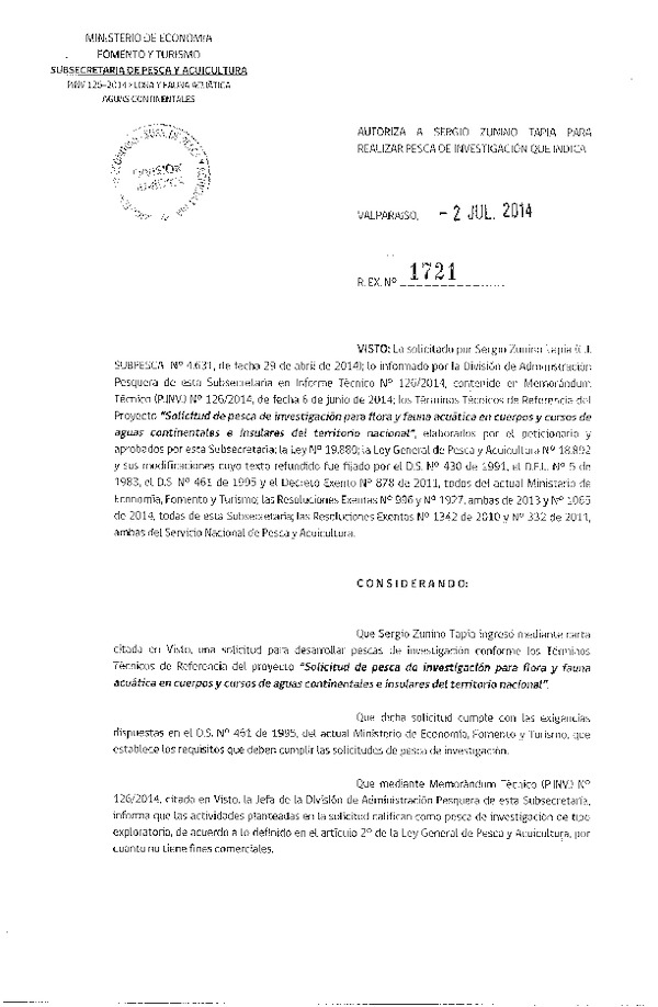 R EX N° 1721-2014 Solicitud de pesca de investigacion para flora y fauna acuática en cursos de aguas continentales e insulares del territorio nacional.