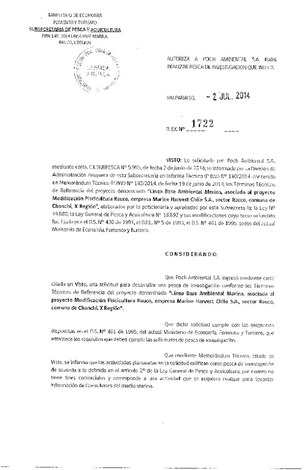 R EX N° 1722-2014 Línea base ambiental marina, asociada al proyecto Modificación Piscicultura Rauco.