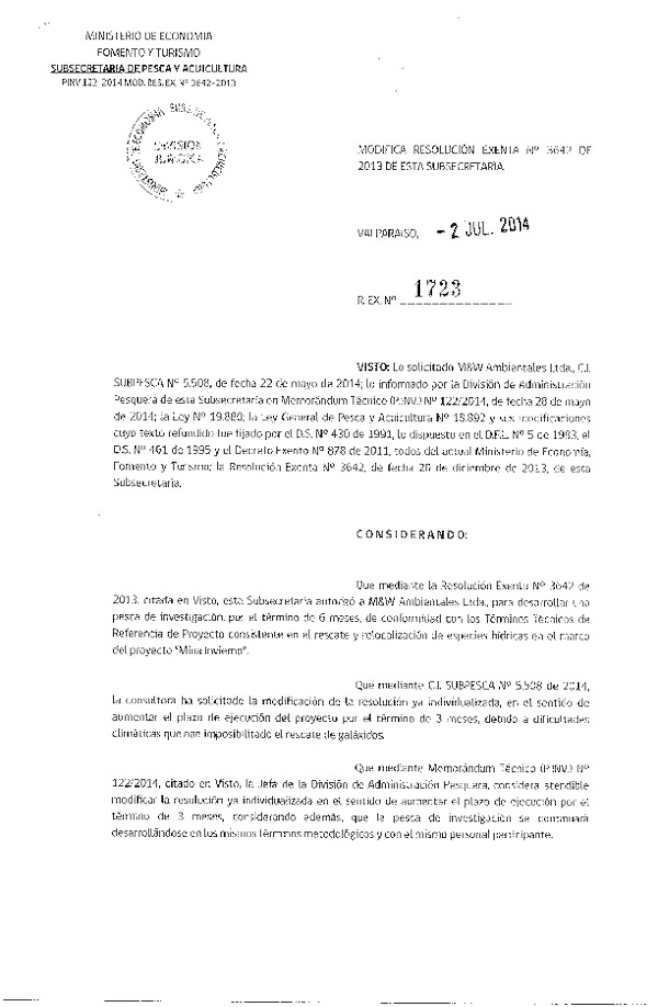 R EX N° 1723-2014 Modifica R EX N° 3642-2013 Pesca de investigación.