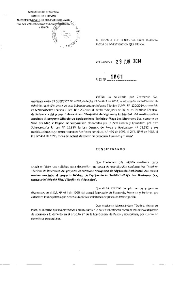 R EX N° 1661-2014 Programa de vigilancia ambiental del medio marino, V región.