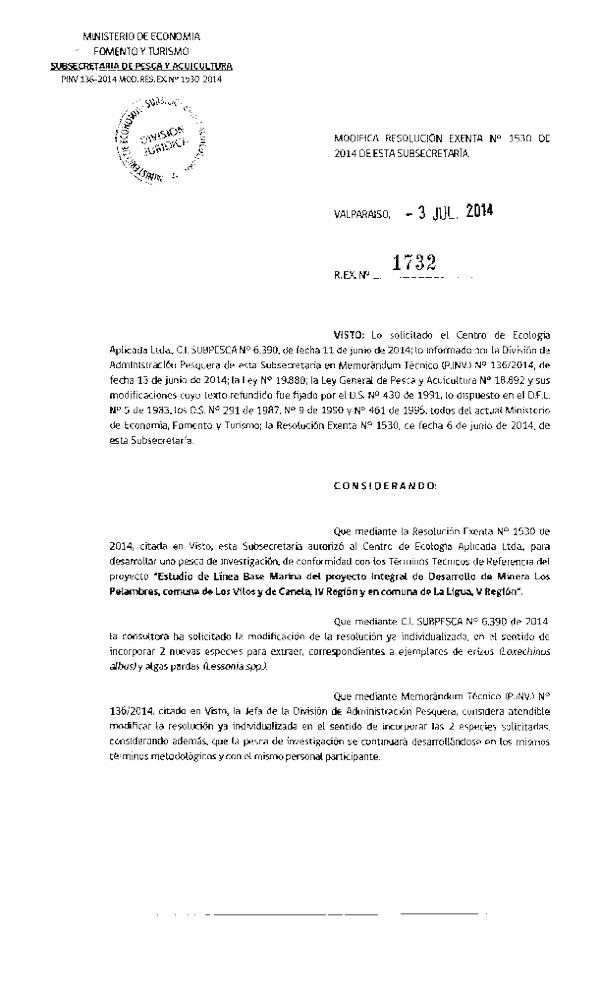R EX N° 1732-2014 Modifica R EX N° 1530-2014 Estudio línea base marina.