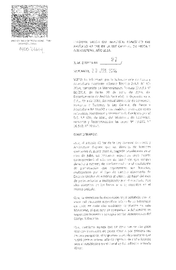 R.M.EX. N° 97 de 2014 Informa Valor del Impúesto Específico del Artículo 43 ter de la Ley General de Pesca y Acuicultura, año 2014. (F.D.O. 07-07-2014)