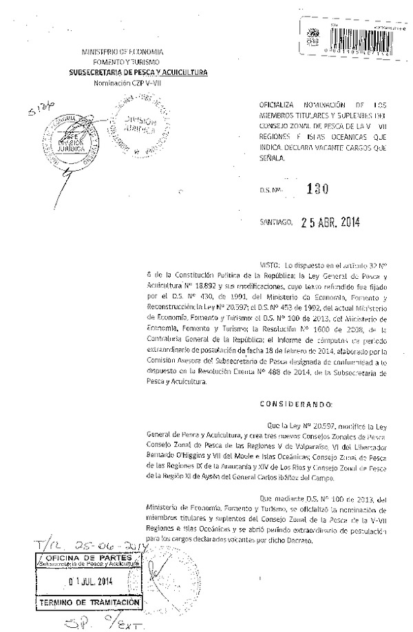 D.S. N° 130-2014 Oficializa Nominación de los Miembros Titulares y Suplentes del Consejo Zonal de Pesca de la V-VII Región e Islas Oceánicas que indica. Declara Vacantes Cargos que Señala. (F.D.O. 07-07-2014)