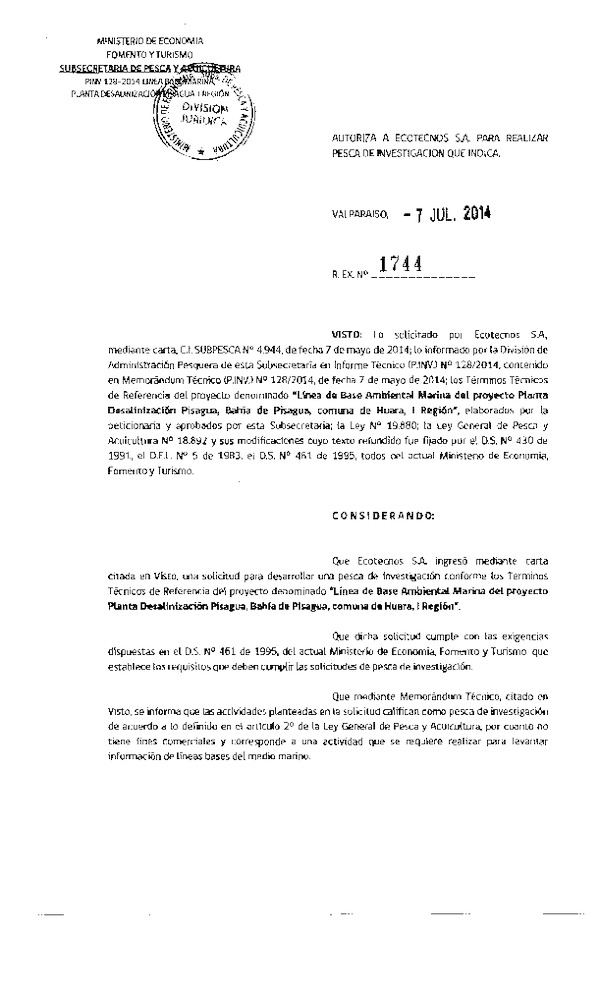 R EX N° 1744-2014 Línea de base ambiental marina proyecto Planta Desalinización Pisagua, Bahía de Pisagua, comuna de Huara, I Región.