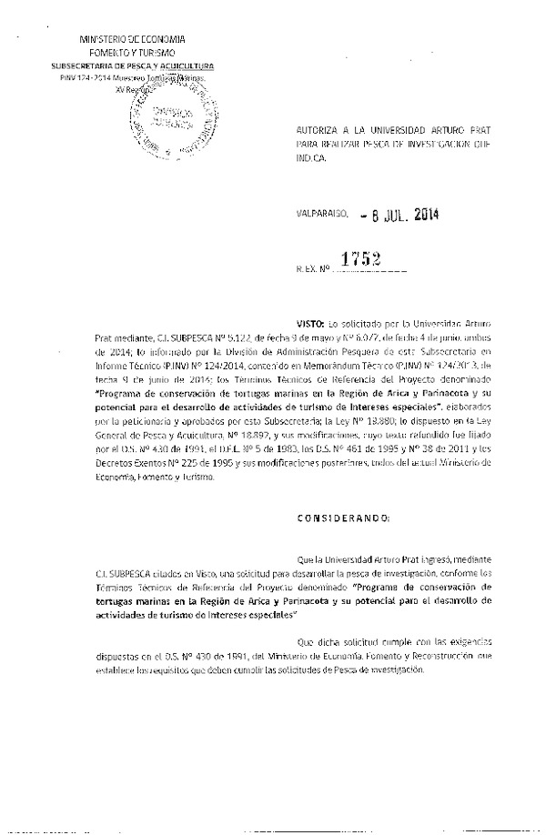 R EX N° 1752-2014 Programa de conversación de tortugas marinas en la Región de Arica y Parinacota.