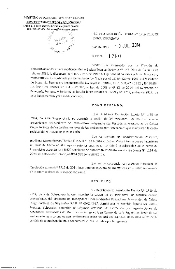 R EX N° 1780-2014 Rectifica R EX N° 1719-2014 Cesión Merluza común, VII Región.