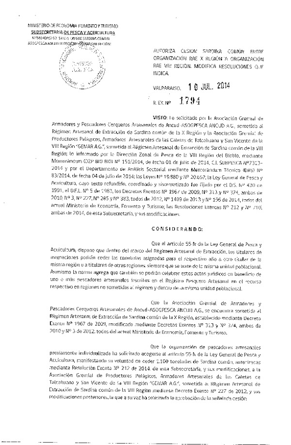 R EX N° 1794-2014 Autoriza Cesión Sardina común, X a VIII Región.