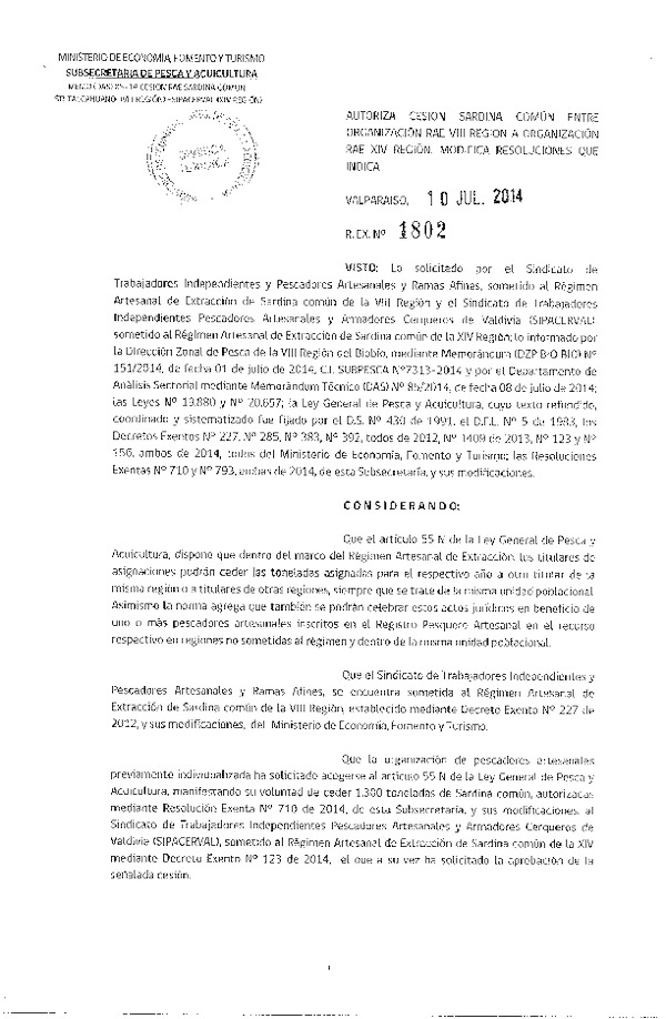 R EX N° 1802-2014 Autoriza Cesión Sardina común, VIII a XIV Región.