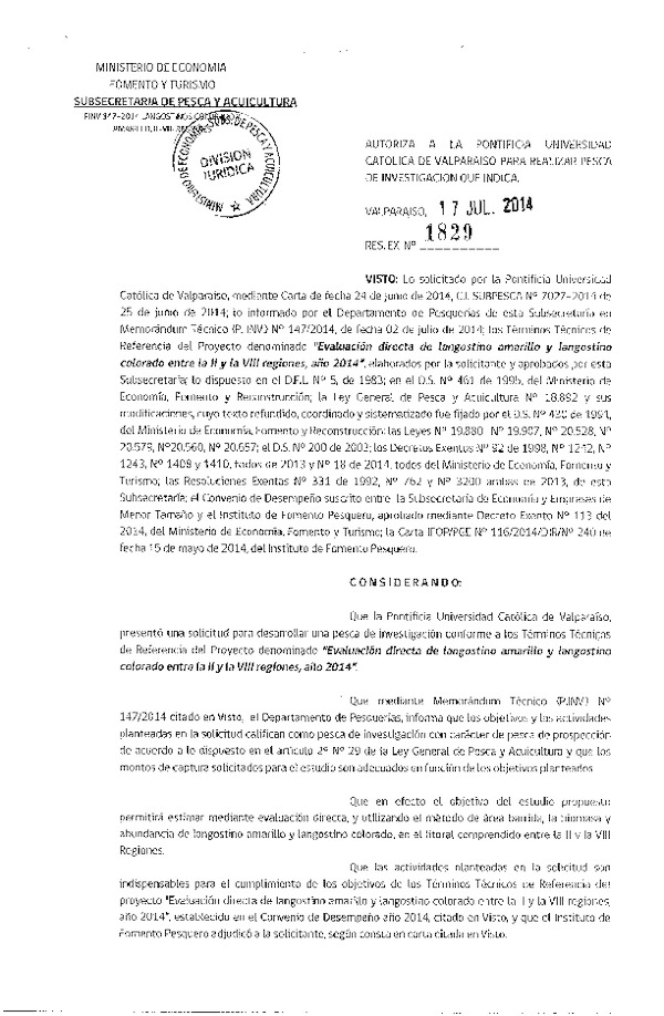 R EX Nº 1829-2014 Evaluación directa Langostino colorado y Langostino amarillo entre la II-VIII Región.