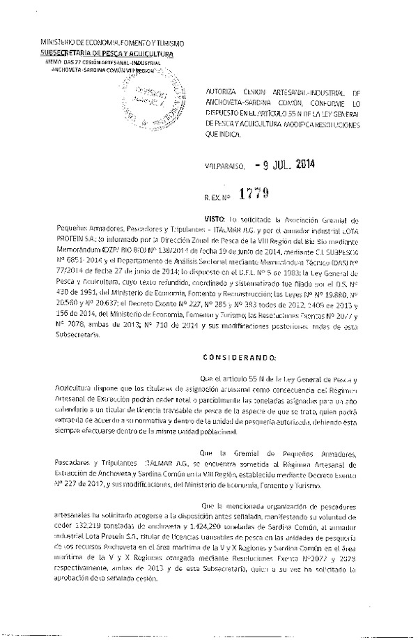 R EX N° 1779-2014 Autoriza Cesión Recurso anchoveta y sardina común, VIII Región.