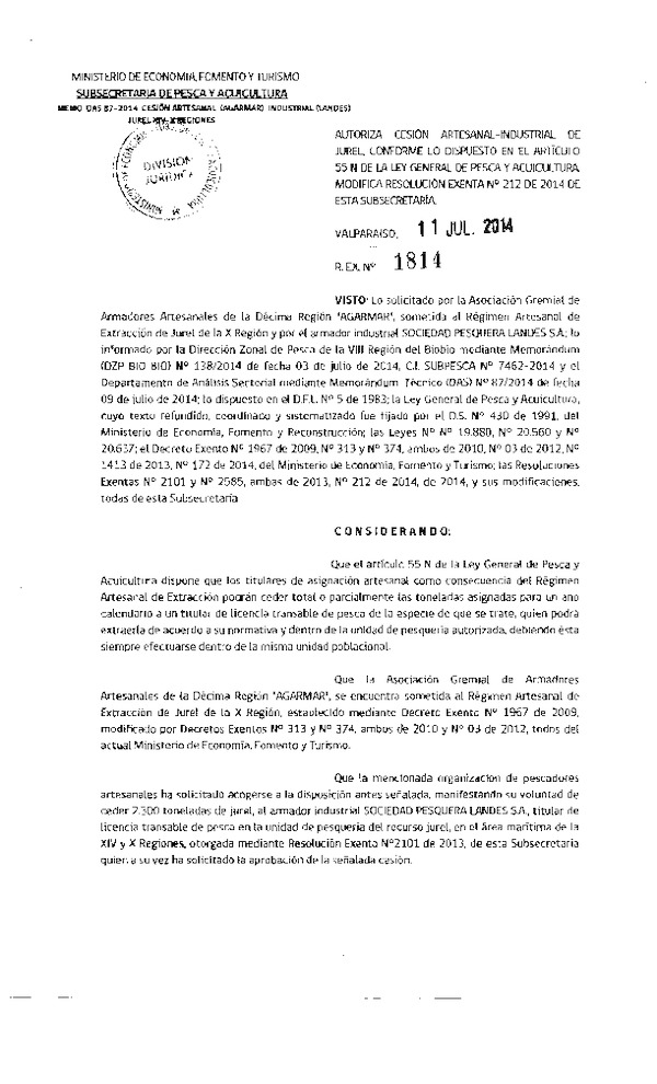 R EX N° 1814-2014 Autoriza Cesión Recurso jurel, XIV a X Región.