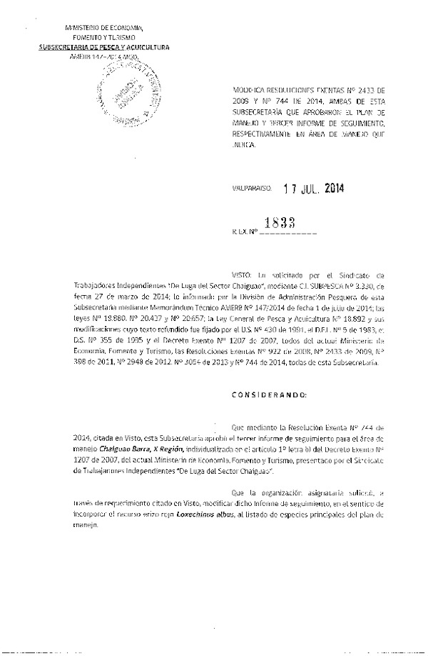 R EX N° 1833-2014 MODIFICA R EX N° 2433-2009 Y 744-2014, QUE APROBARRON PLANES DE MANEJO.